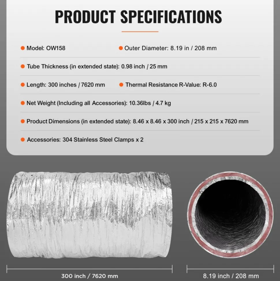 VEVOR Dryer Vent Hose, 6'' Insulated Flexible Duct 25FT Long with 2 Duct Clamps, Heavy-Duty Three Layer Protection for HVAC Heating Cooling Ventilation and Exhaust, R-6.0 Flame Resistance Value