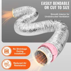 VEVOR Dryer Vent Hose, 6'' Insulated Flexible Duct 25FT Long with 2 Duct Clamps, Heavy-Duty Three Layer Protection for HVAC Heating Cooling Ventilation and Exhaust, R-6.0 Flame Resistance Value