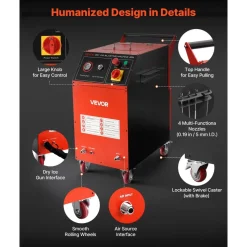 VEVOR Dry Ice Blasting Machine, 16.5LBS (7.5KG) Capacity Dry Ice Cleaning Machine with 4 Nozzles, Adjustable Pressure & Dry Ice Amount, Movable Blaster Cleaner for Auto Ship Aviation Chemical, 120V