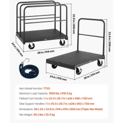 VEVOR Drywall Cart Dolly, 1800 lbs Load Capacity, 2-in-1 Steel Panel Truck Cart with 5 inch Swivel Casters, 36 x 24 inch Platform Truck with 4 Side Handrails for Factory, Warehouse, Garage, Black