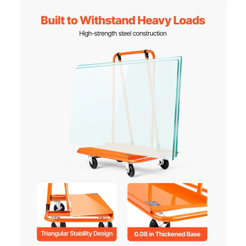 VEVOR Drywall Cart Dolly, 1800 lbs Load Capacity, Steel Panel Dolly with 4 Swivel Casters, Durable & Long-lasting, Panel Truck Cart with Tie-Down Strap for Plywood, Plasterboard, Glass, Orange