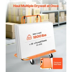 VEVOR Drywall Cart Dolly, 1800 lbs Load Capacity, Steel Panel Dolly with 4 Swivel Casters, Durable & Long-lasting, Panel Truck Cart with Tie-Down Strap for Plywood, Plasterboard, Glass, Orange