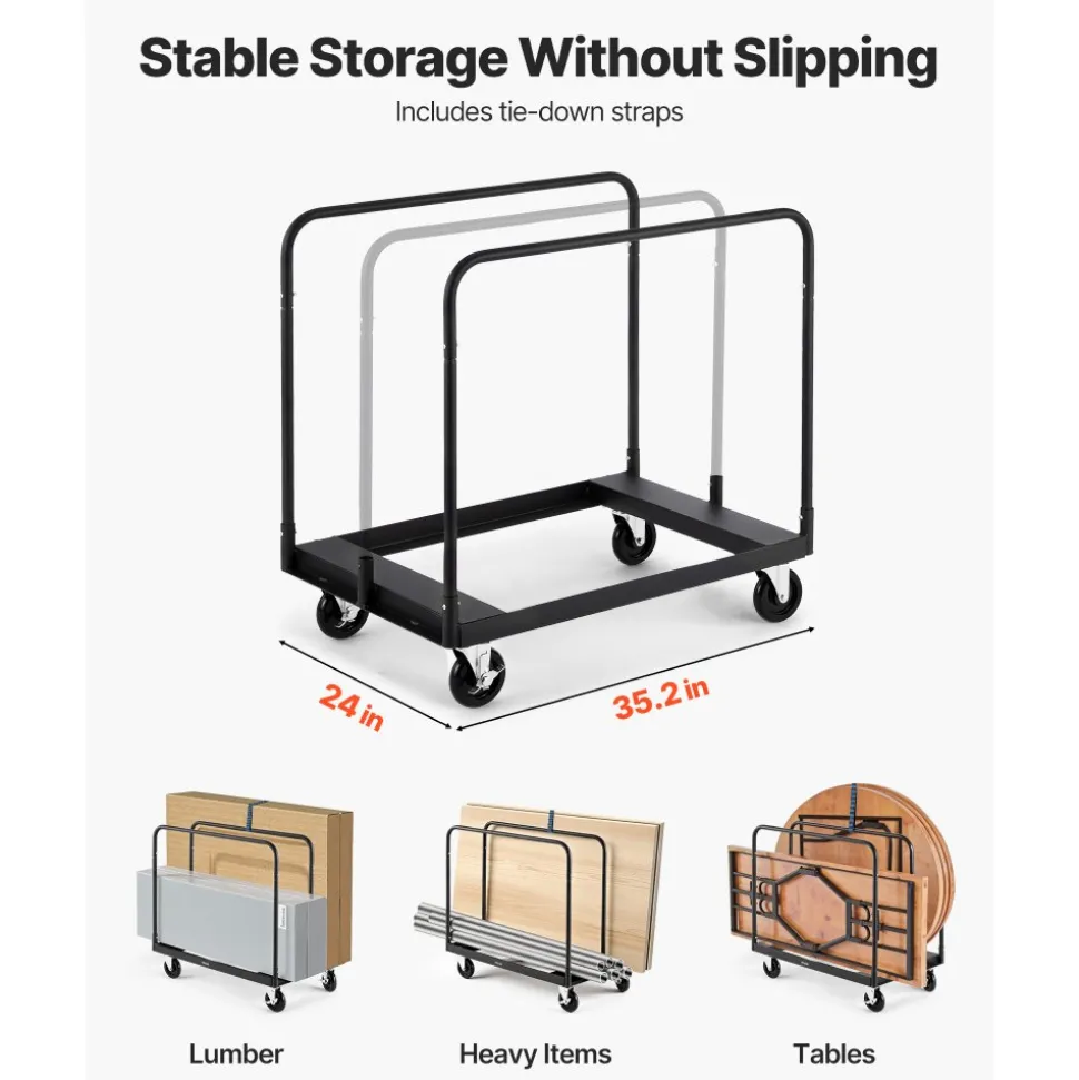 VEVOR Drywall Cart Dolly, 1800 lbs Load Capacity, Steel Panel Truck Cart with 5 inch Swivel Casters, Lumber Drywall Dolly with with Tie-Down Strap & 3 Side Handrails for Factory, Warehouse, Garage, Black