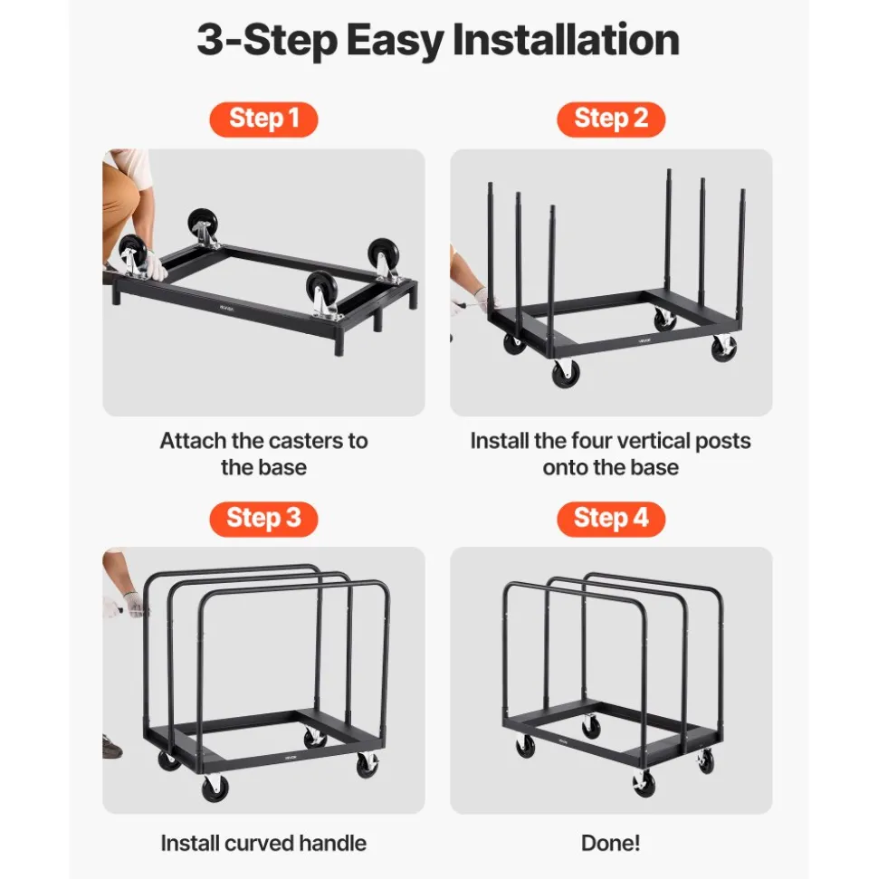 VEVOR Drywall Cart Dolly, 1800 lbs Load Capacity, Steel Panel Truck Cart with 5 inch Swivel Casters, Lumber Drywall Dolly with with Tie-Down Strap & 3 Side Handrails for Factory, Warehouse, Garage, Black