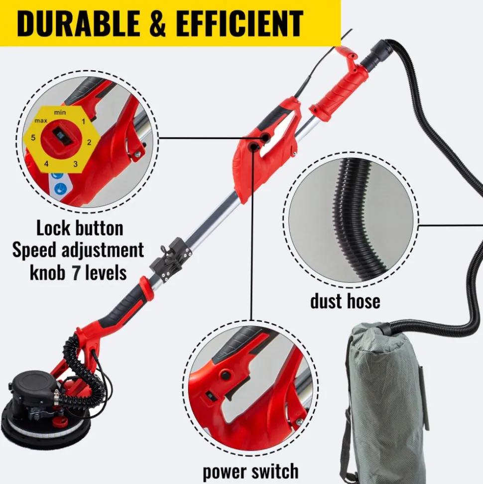 VEVOR Drywall Sander 850W, Electric Drywall Sander, Variable Speed 800-1750 RPM, Foldable Sheetrock Sander, with Telescope Handle, Electric Sander, with LED Strip Light and Vacuum Bag, Wall Sander