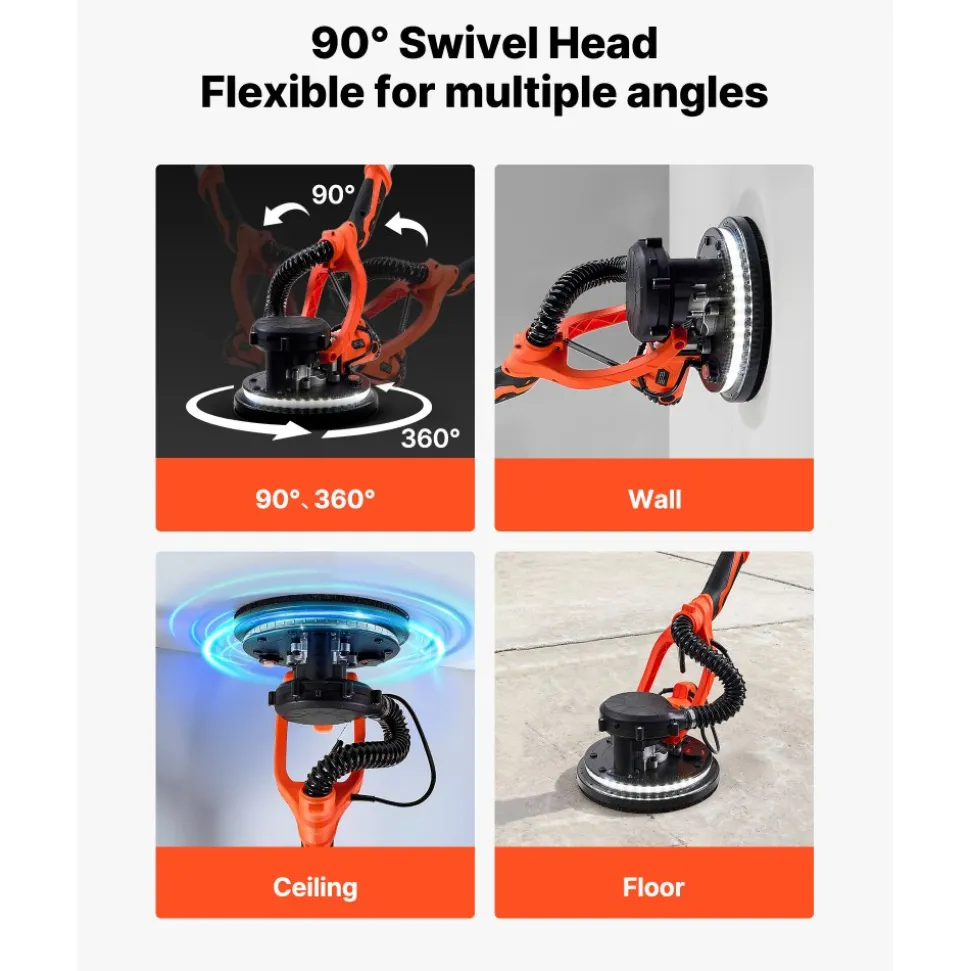 VEVOR Drywall Sander, 1150W Electric Drywall Sander, Popcorn Ceiling Removal Tool with Vacuum Dust Collection, 5 Variable Speed 800-1700 RPM, LED Light, Foldable & Extendable Handle, 15 Sanding Discs