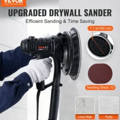 VEVOR Drywall Sander, 800W Electric Sander with 12 Sanding Discs, Variable Speed 1200-2300 RPM Wall Sander with Automatic Vacuum Dust Collection System, Double LED Lights, Dust Bag, Detachable Edge