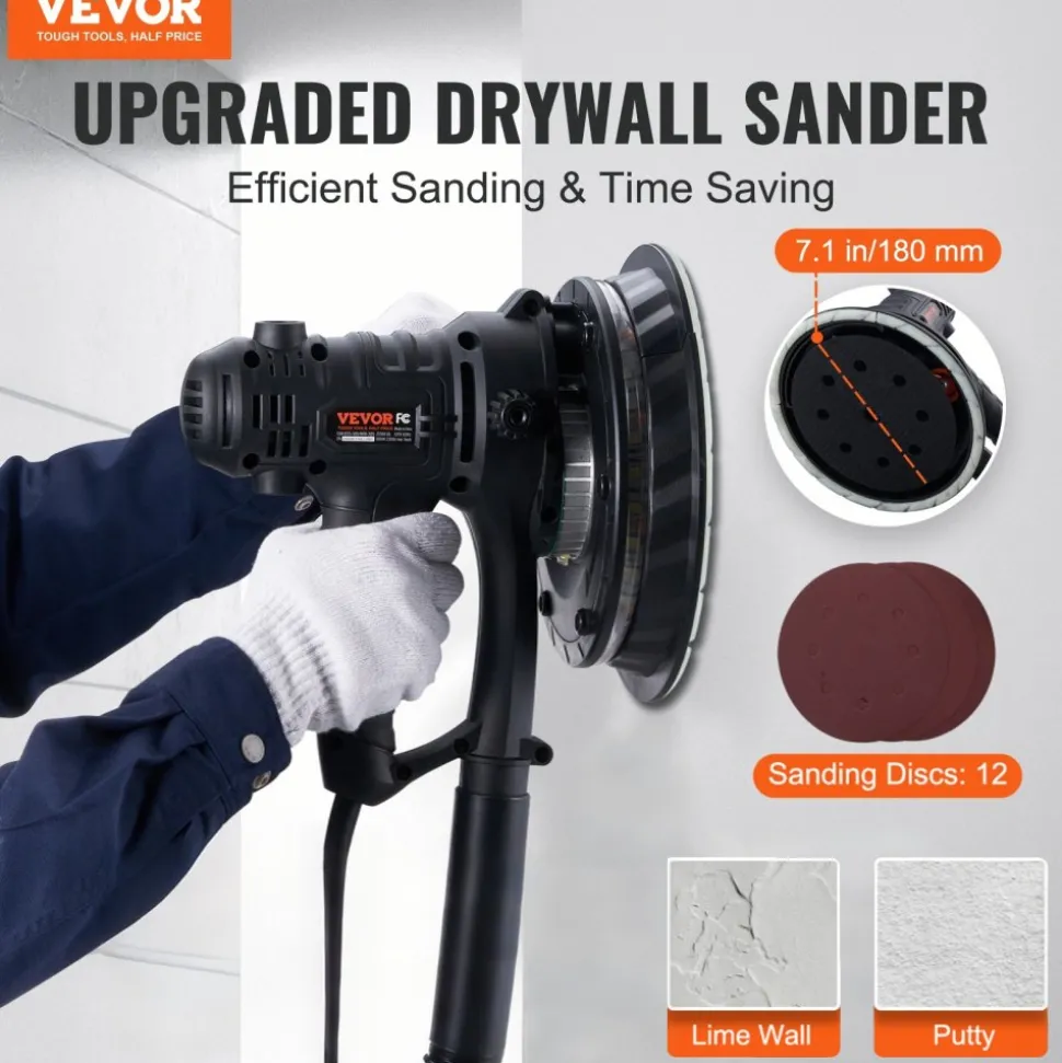 VEVOR Drywall Sander, 800W Electric Sander with 12 Sanding Discs, Variable Speed 1200-2300 RPM Wall Sander with Automatic Vacuum Dust Collection System, Double LED Lights, Dust Bag, Detachable Edge