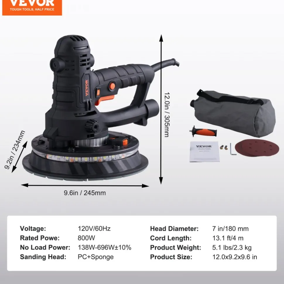 VEVOR Drywall Sander, 800W Electric Sander with 12 Sanding Discs, Variable Speed 1200-2300 RPM Wall Sander with Automatic Vacuum Dust Collection System, Double LED Lights, Dust Bag, Detachable Edge
