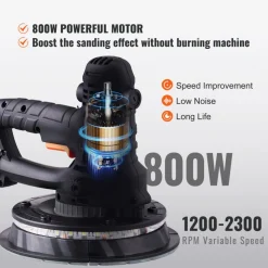 VEVOR Drywall Sander, 800W Electric Sander with 12 Sanding Discs, Variable Speed 1200-2300 RPM Wall Sander with Automatic Vacuum Dust Collection System, Double LED Lights, Dust Bag, Detachable Edge