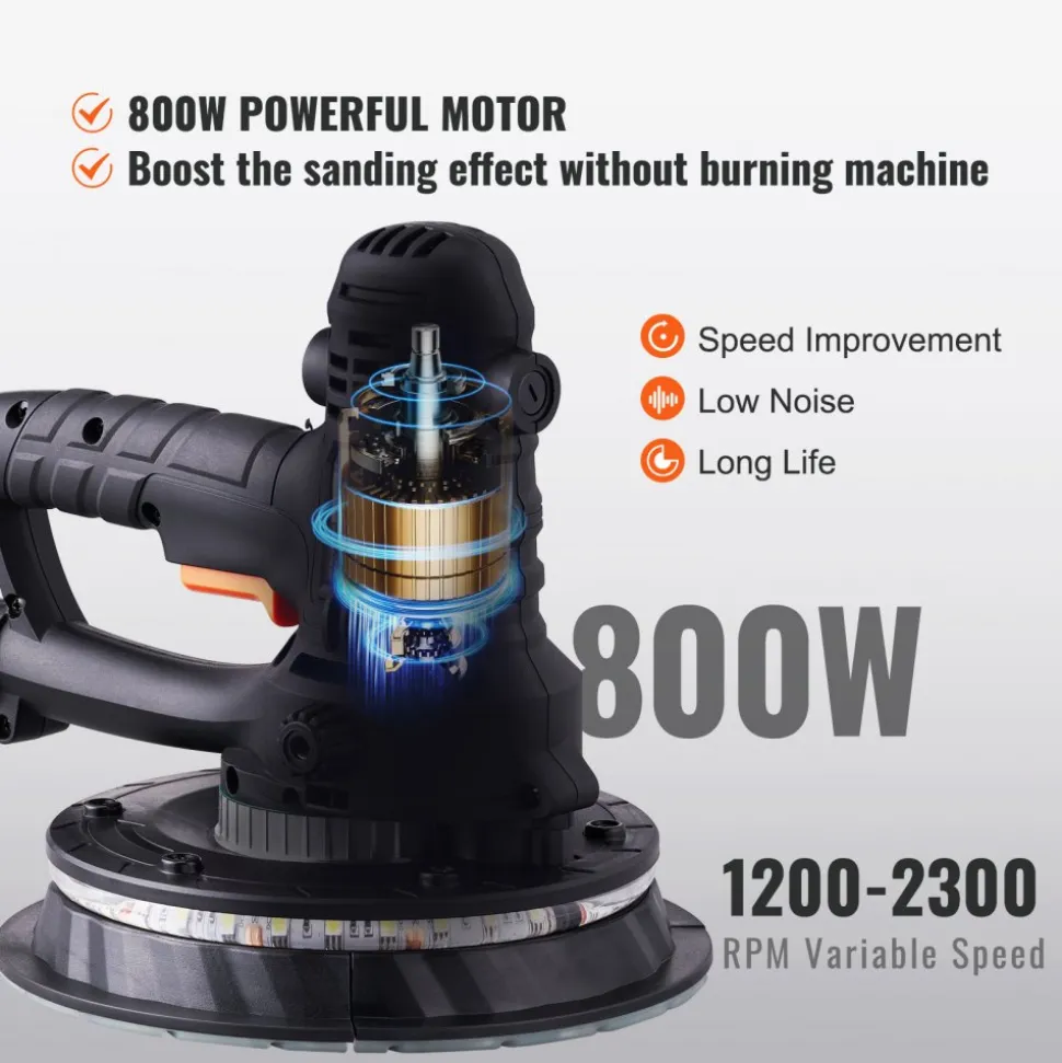 VEVOR Drywall Sander, 800W Electric Sander with 12 Sanding Discs, Variable Speed 1200-2300 RPM Wall Sander with Automatic Vacuum Dust Collection System, Double LED Lights, Dust Bag, Detachable Edge