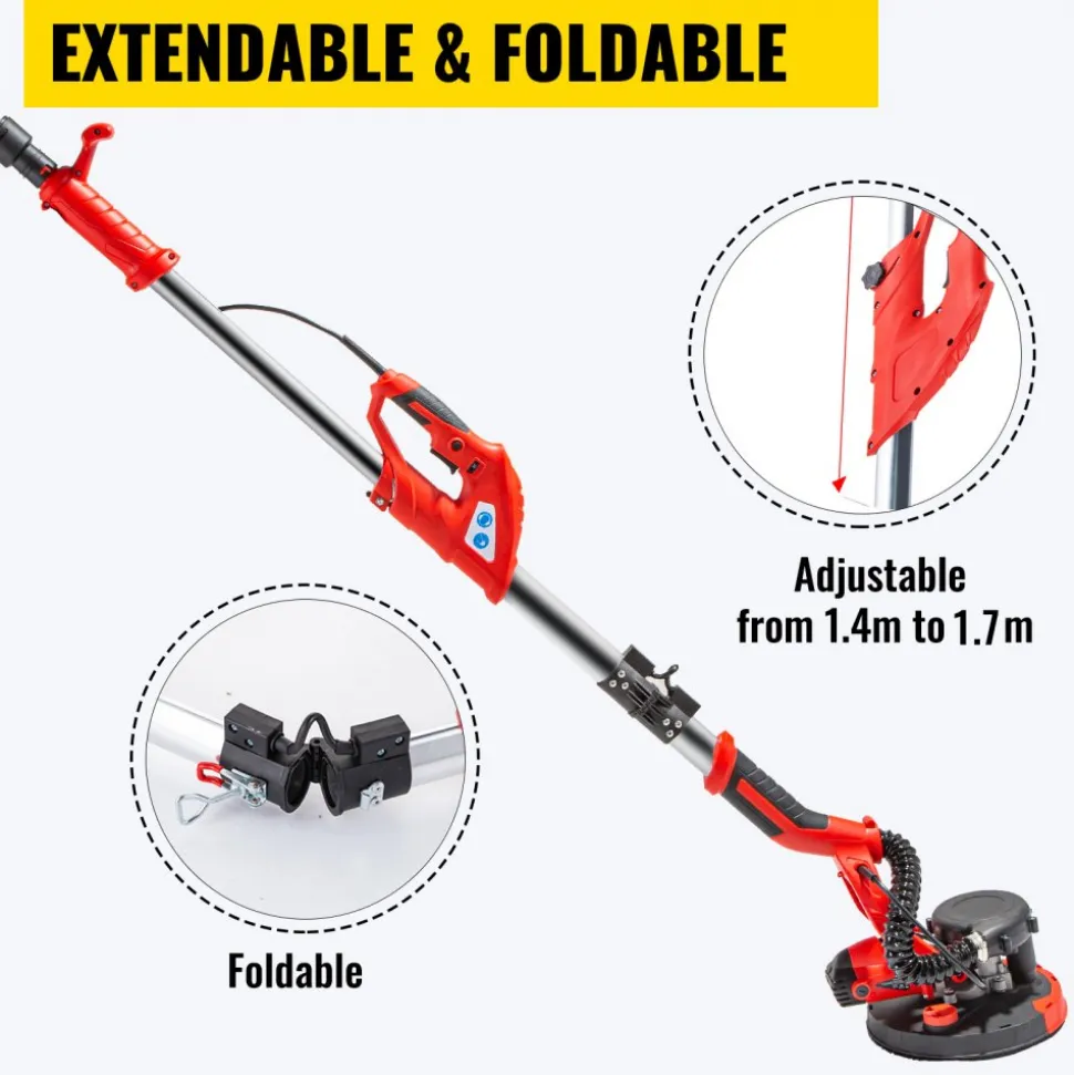 VEVOR Drywall Sander 850W Electric, Electric Sander Variable Speed 800-1750RPM, Drywall Sander Foldable Sheetrock Sander, with Telescope Handle, Vacuum Bag Drywall Sanders 6 Sand Pads