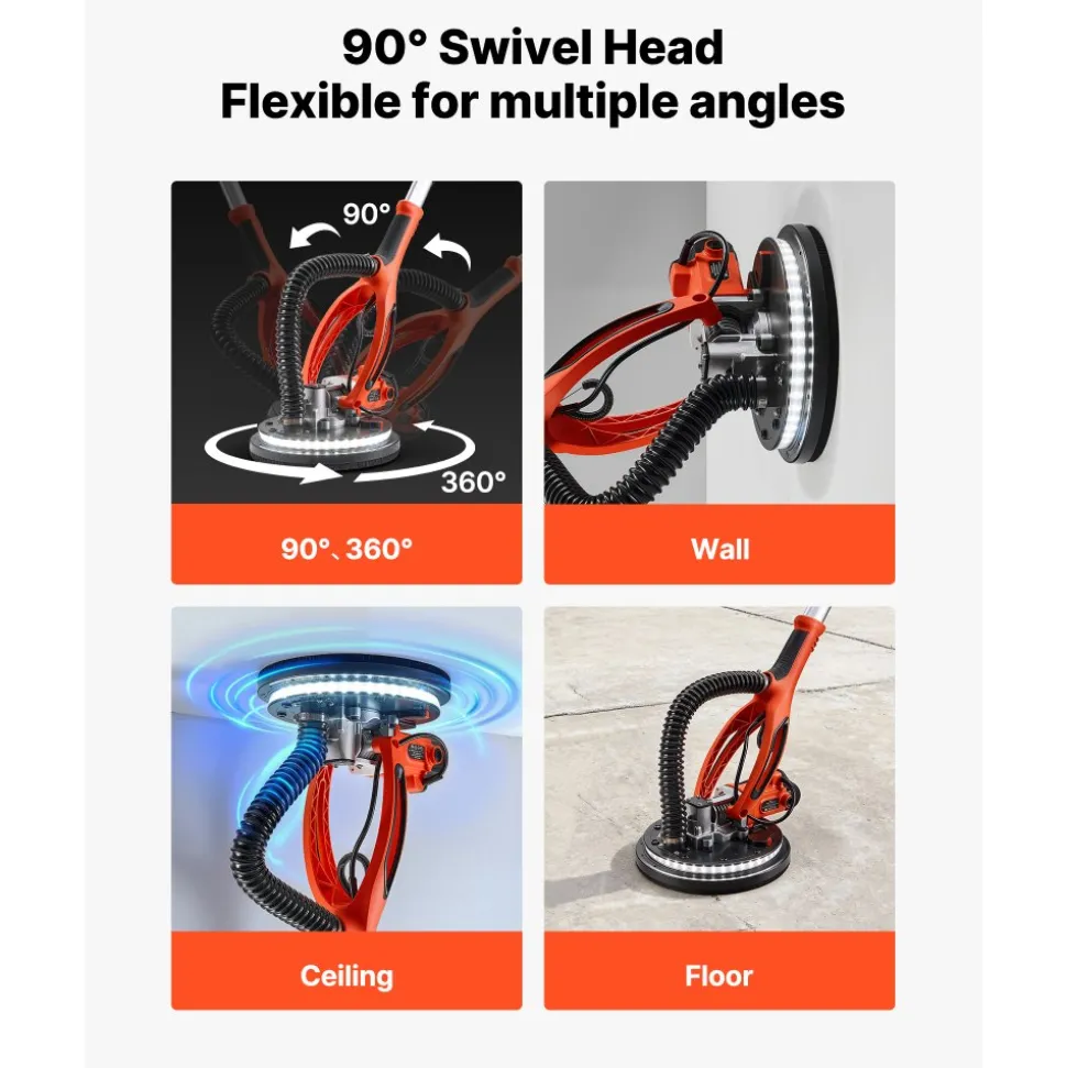 VEVOR Drywall Sander, 850W Electric Drywall Sander, Popcorn Ceiling Removal Tool with 5 Variable Speed 800-1700 RPM, Double-Deck LED Light, Foldable & Extendable Handle, 15 Sanding Discs, Dust Hose