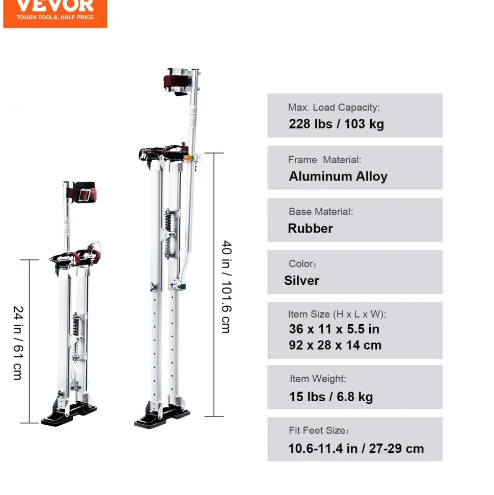 VEVOR Drywall Stilts, 24''-40'' Adjustable Aluminum Tool Stilts with Protective Knee Pads, Durable and Non-slip Work Stilts for Sheetrock Painting, Walking, Taping, Silver