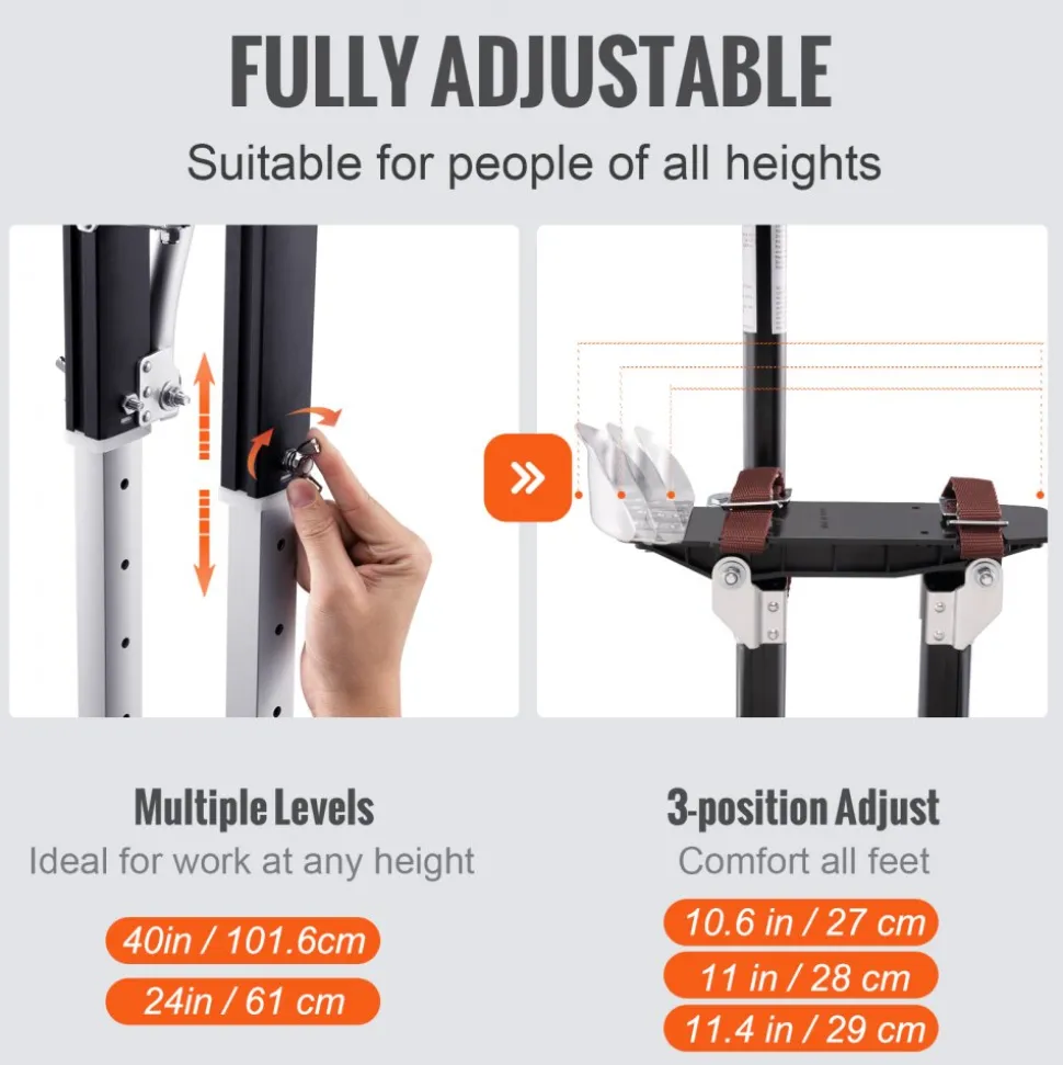 VEVOR Drywall Stilts, 24''-40'' Adjustable Aluminum Tool Stilts with Protective Knee Pads, Durable and Non-slip Work Stilts for Sheetrock Painting, Walking, Taping, Black