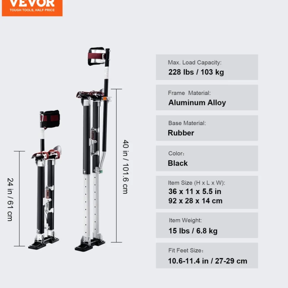 VEVOR Drywall Stilts, 24''-40'' Adjustable Aluminum Tool Stilts with Protective Knee Pads, Durable and Non-slip Work Stilts for Sheetrock Painting, Walking, Taping, Black