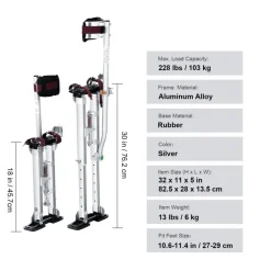 VEVOR Drywall Stilts, 18''-30'' Adjustable Aluminum Tool Stilts with Protective Knee Pads, Durable and Non-slip Work Stilts for Sheetrock Painting, Walking, Taping, Silver