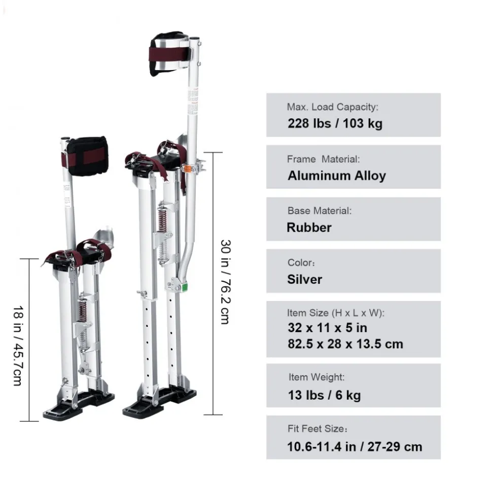 VEVOR Drywall Stilts, 18''-30'' Adjustable Aluminum Tool Stilts with Protective Knee Pads, Durable and Non-slip Work Stilts for Sheetrock Painting, Walking, Taping, Silver