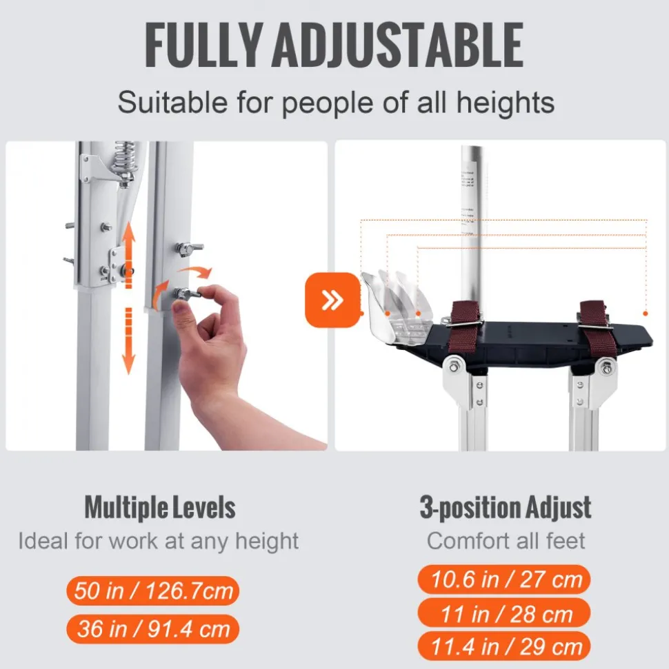VEVOR Drywall Stilts, 36''-50'' Adjustable Aluminum Tool Stilts with Protective Knee Pads, Durable and Non-slip Work Stilts for Sheetrock Painting, Walking, Taping, Silver