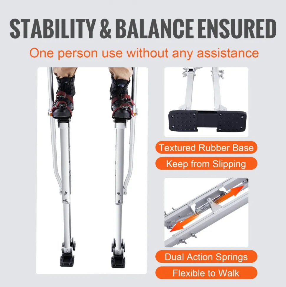 VEVOR Drywall Stilts, 36''-50'' Adjustable Aluminum Tool Stilts with Protective Knee Pads, Durable and Non-slip Work Stilts for Sheetrock Painting, Walking, Taping, Silver