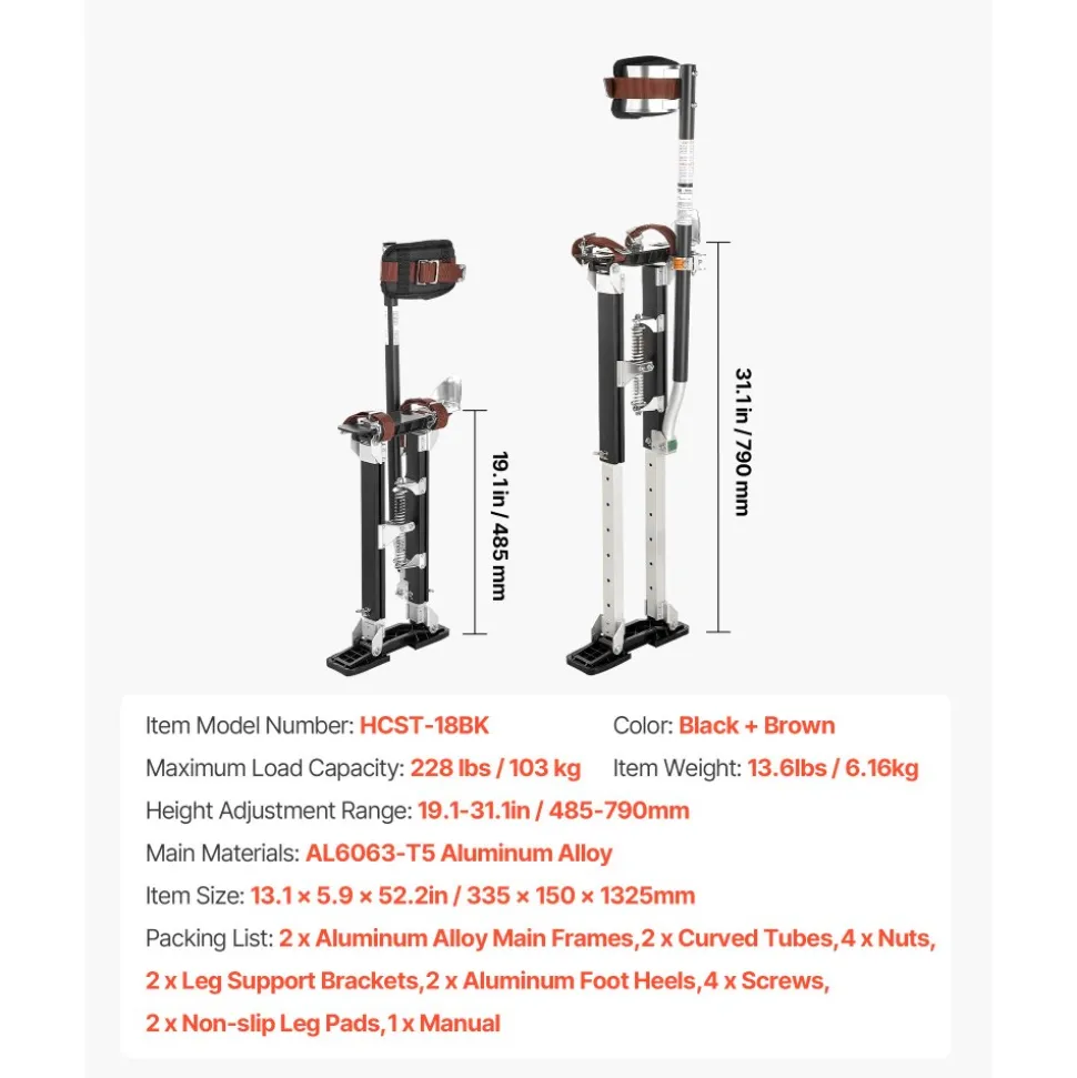 VEVOR Drywall Stilts, 19.1–31.1 in Adjustable Aluminum Painter Stilts, 228 lbs Load Capacity, Non-Slip Rubber Feet, Dual Spring Shock Absorption, Comfortable Leg Straps for Painting, Decoration, Black