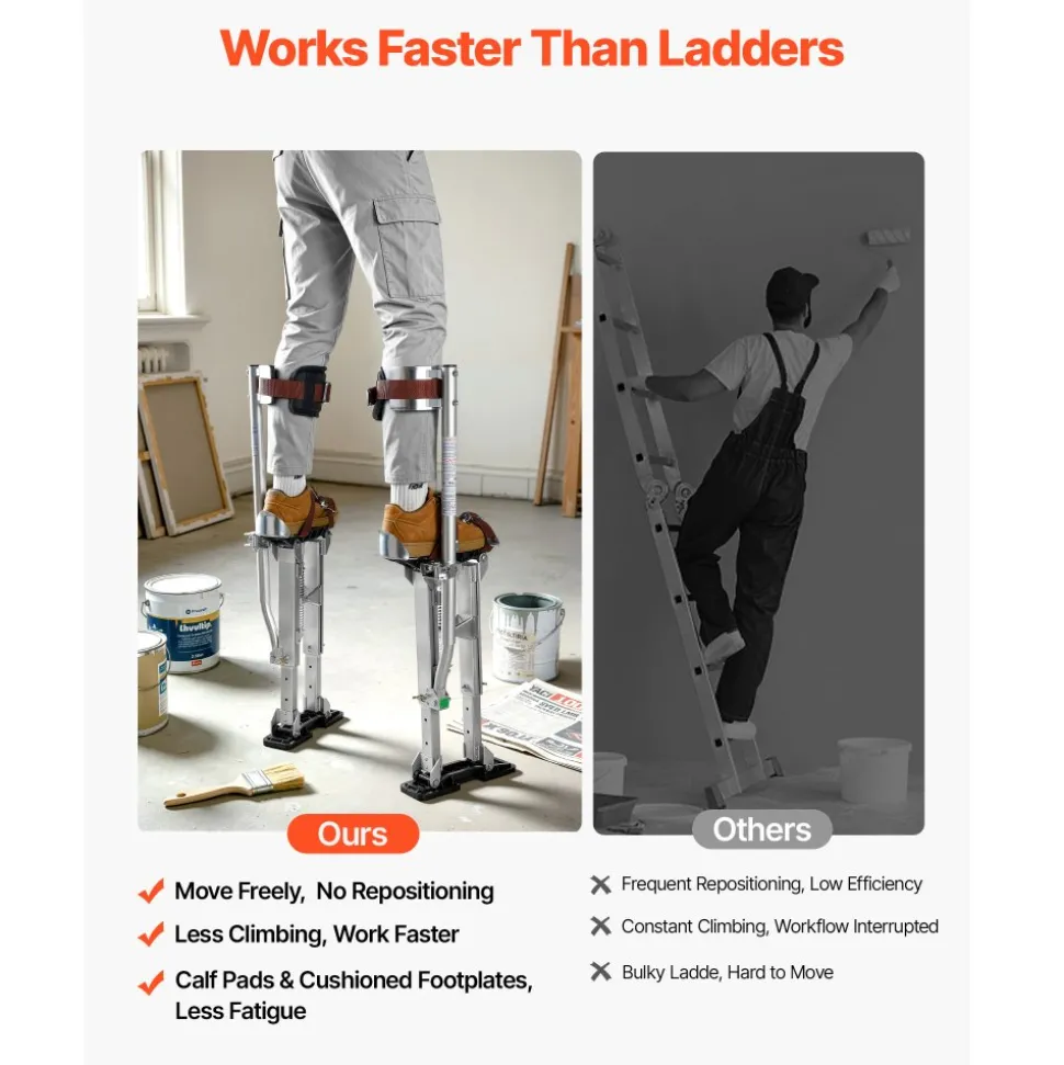 VEVOR Drywall Stilts, 16.1–24.1 in Adjustable Aluminum Painter Stilts, 228 lbs Load Capacity, Non-Slip Rubber Feet, Dual Spring Shock Absorption, Comfortable Leg Straps for Painting, Decoration,Silver