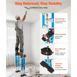 VEVOR Drywall Stilts, 24.2–40.3 Inch Adjustable Aluminum Painter Stilts, 228 lbs Load Capacity, Non-Slip Rubber Feet, Dual Spring Shock Absorption, Comfortable Leg Straps for Painting, Decoration,Blue