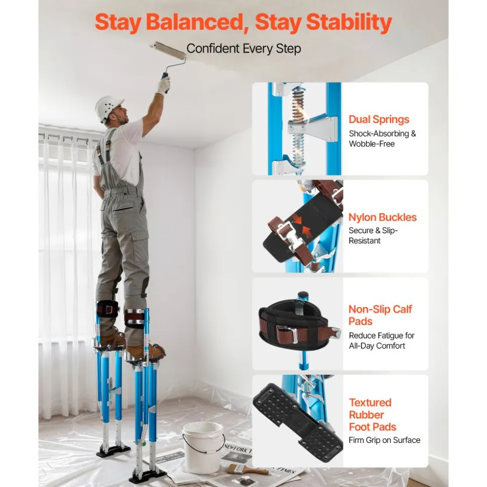 VEVOR Drywall Stilts, 24.2–40.3 Inch Adjustable Aluminum Painter Stilts, 228 lbs Load Capacity, Non-Slip Rubber Feet, Dual Spring Shock Absorption, Comfortable Leg Straps for Painting, Decoration,Blue