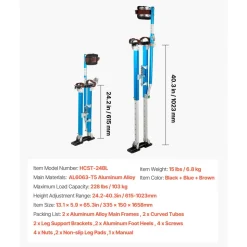 VEVOR Drywall Stilts, 24.2–40.3 Inch Adjustable Aluminum Painter Stilts, 228 lbs Load Capacity, Non-Slip Rubber Feet, Dual Spring Shock Absorption, Comfortable Leg Straps for Painting, Decoration,Blue