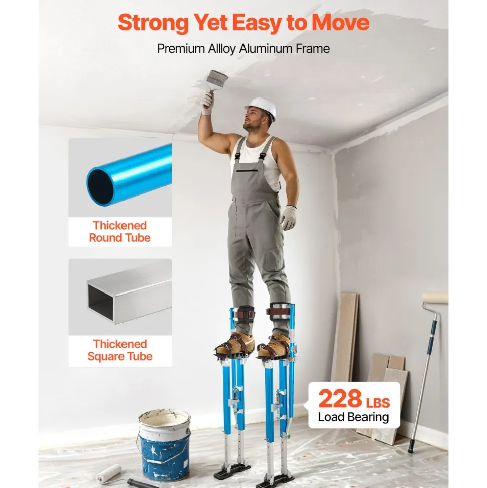 VEVOR Drywall Stilts, 24.2–40.3 Inch Adjustable Aluminum Painter Stilts, 228 lbs Load Capacity, Non-Slip Rubber Feet, Dual Spring Shock Absorption, Comfortable Leg Straps for Painting, Decoration,Blue