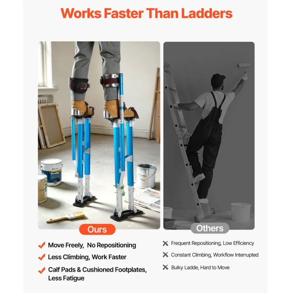 VEVOR Drywall Stilts, 24.2–40.3 Inch Adjustable Aluminum Painter Stilts, 228 lbs Load Capacity, Non-Slip Rubber Feet, Dual Spring Shock Absorption, Comfortable Leg Straps for Painting, Decoration,Blue