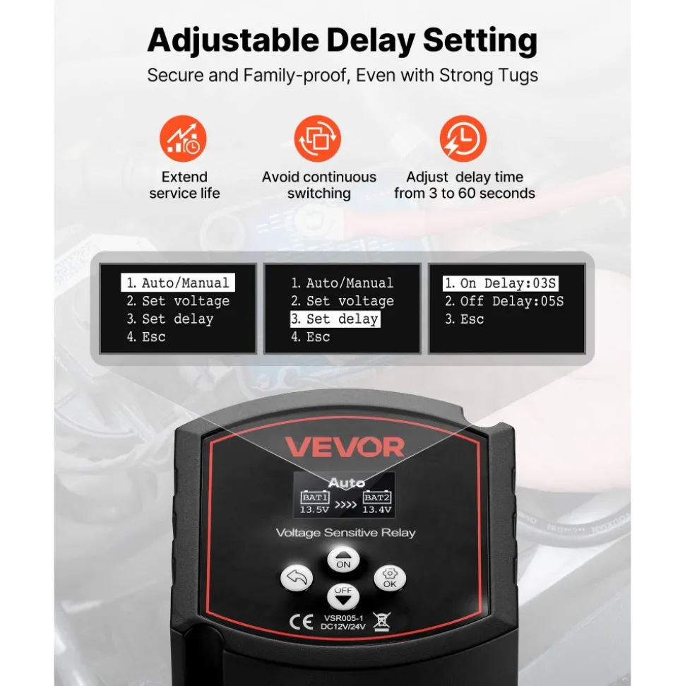 VEVOR Dual Battery Isolator Kit, 12V 300 Amp 20 ft 2AWG, Manual and Automatic VSR Voltage Sensitive Relay with Voltmeter, LCD Screen, Smart Battery Isolator, Compatible with Lithium Batteries, for UTV