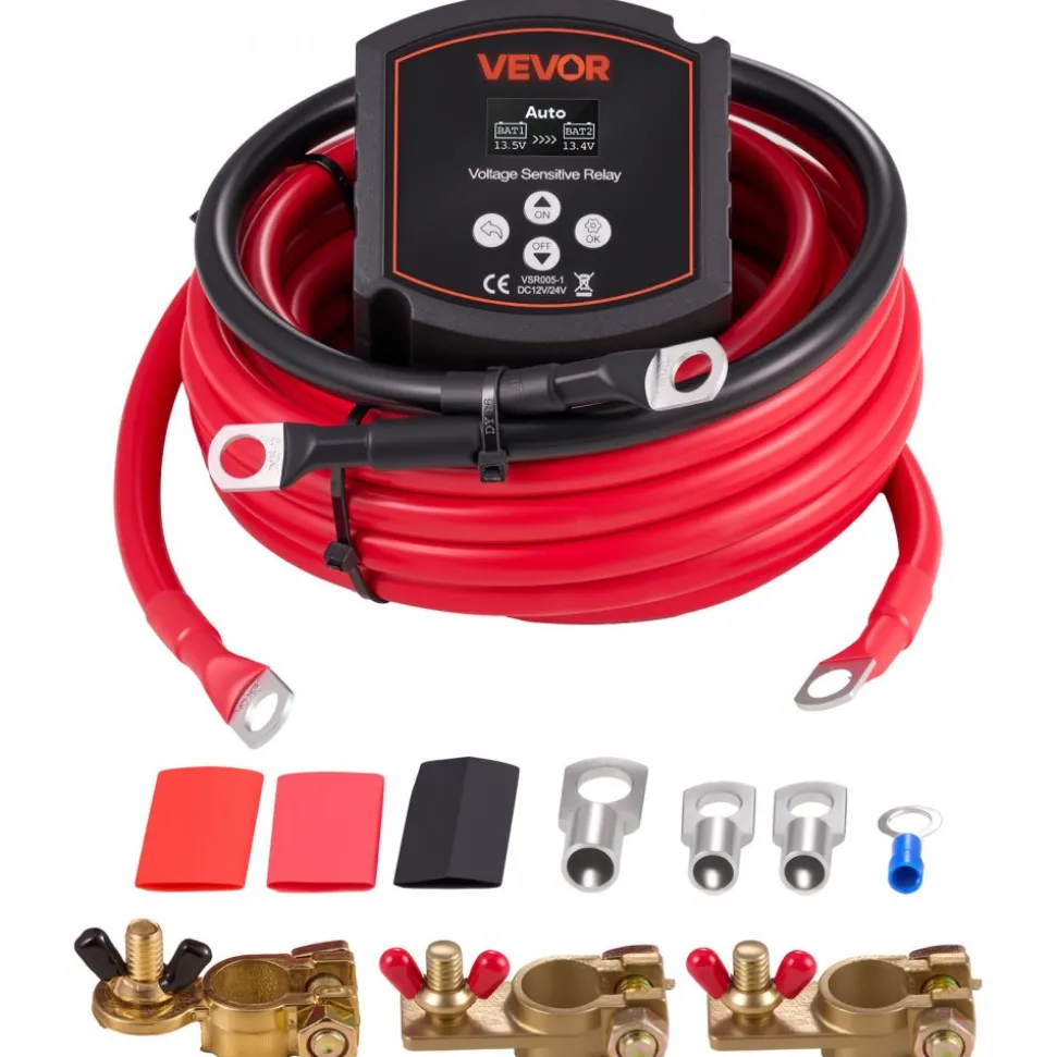 VEVOR Dual Battery Isolator Kit, 12V 300 Amp 20 ft 2AWG, Manual and Automatic VSR Voltage Sensitive Relay with Voltmeter, LCD Screen, Smart Battery Isolator, Compatible with Lithium Batteries, for UTV