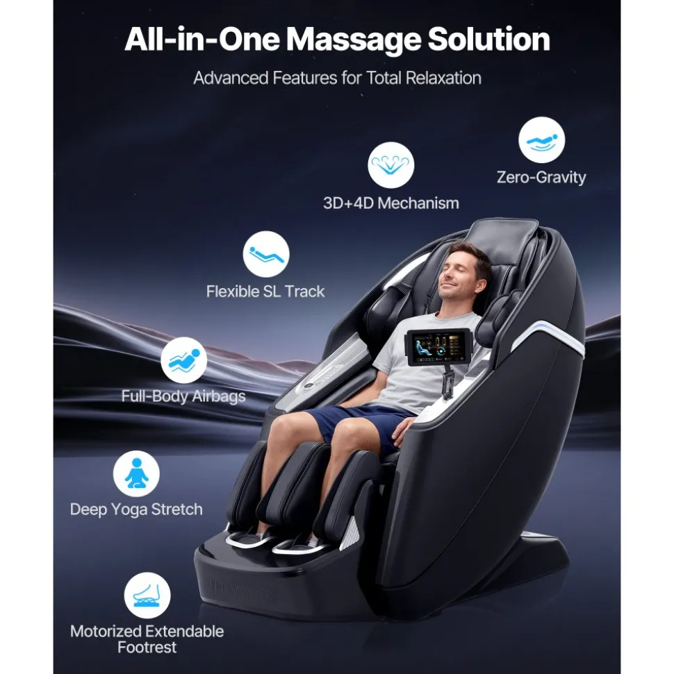 VEVOR Dual-Core 4D+3D Full Body Massage Chair, with Extended SL Track, Deep Yoga Stretch, Electric Extendable Footrest, TFT, AI Voice Control, Heat, Airbags, Armrest Controls, Wheels