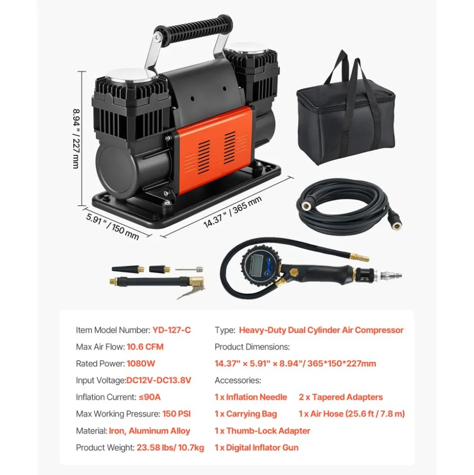 VEVOR Dual-Cylinder Heavy Duty Air Compressor, 10.6CFM Portable Tire Inflator, 12V 150PSI Offroad Air Pump with Digital Pressure Gauge & Adapters for Truck Car SUV 4 x 4 Vehicle RV