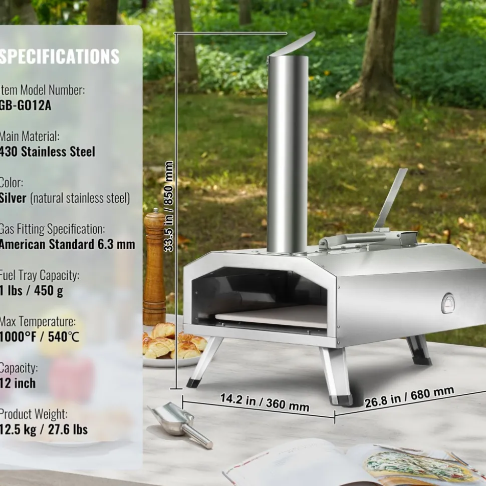 VEVOR Dual Fuel Pizza Oven for Outdoor Use, 12" Portable Pizza Oven, Pellet & Gas Powered Outdoor Pizza Oven with Thickened Cordierite Pizza Stone, Foldable Leg for Camping & Backyard
