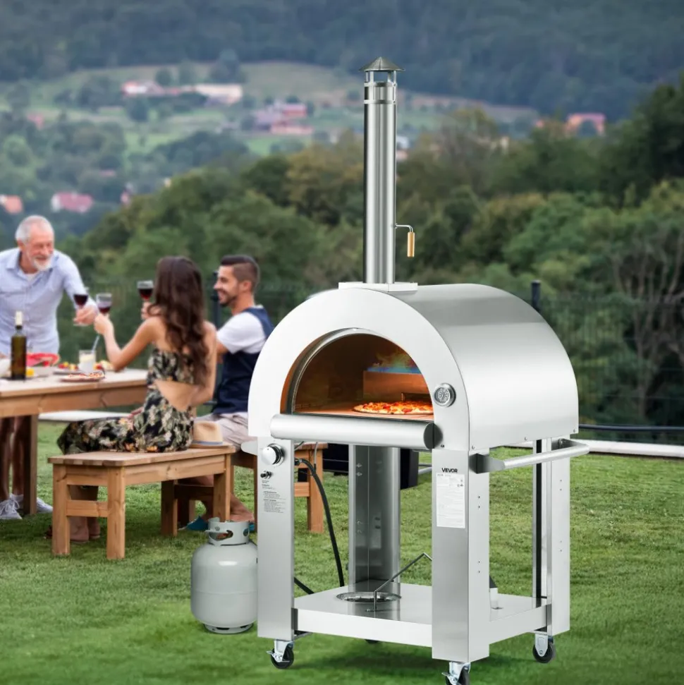 VEVOR Dual Fuel Pizza Oven Outdoor, 26 in Portable Pizza Oven, Pellet & Gas Powered Outdoor Pizza-Maker with Thickened Cordierite Pizza-Stone, Easy to Move with Casters, for Camping and Backyard