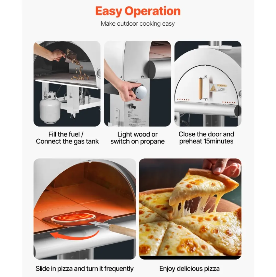 VEVOR Dual Fuel Pizza Oven Outdoor, 26 in Portable Pizza Oven, Pellet & Gas Powered Outdoor Pizza-Maker with Thickened Cordierite Pizza-Stone, Easy to Move with Casters, for Camping and Backyard