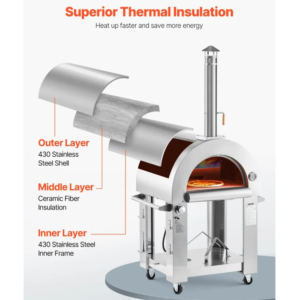 VEVOR Dual Fuel Pizza Oven Outdoor, 26 in Portable Pizza Oven, Pellet & Gas Powered Outdoor Pizza-Maker with Thickened Cordierite Pizza-Stone, Easy to Move with Casters, for Camping and Backyard