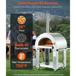 VEVOR Dual Fuel Pizza Oven Outdoor, 26 in Portable Pizza Oven, Pellet & Gas Powered Outdoor Pizza-Maker with Thickened Cordierite Pizza-Stone, Easy to Move with Casters, for Camping and Backyard
