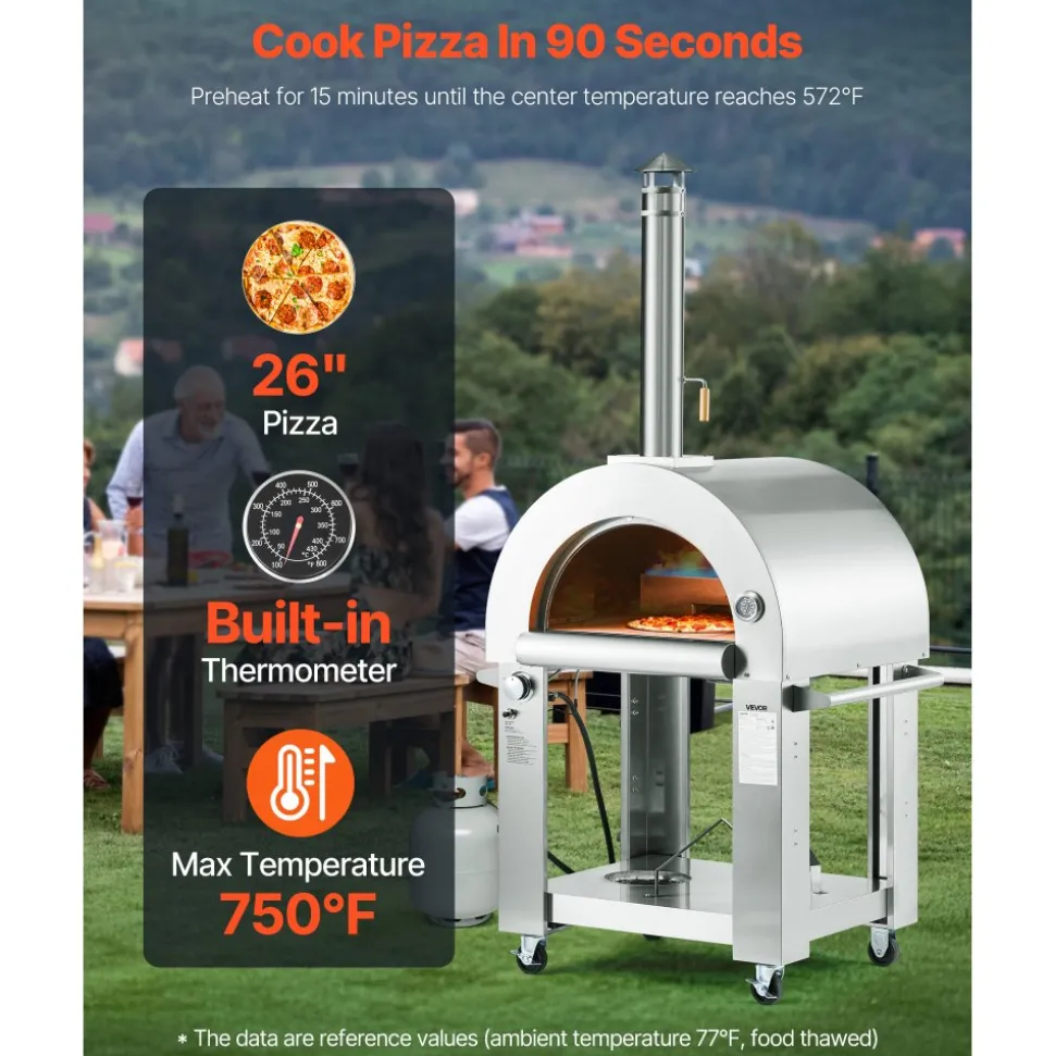 VEVOR Dual Fuel Pizza Oven Outdoor, 26 in Portable Pizza Oven, Pellet & Gas Powered Outdoor Pizza-Maker with Thickened Cordierite Pizza-Stone, Easy to Move with Casters, for Camping and Backyard