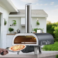 VEVOR Dual Fuel Pizza Oven Outdoor, 12 in Wood Fire & Propane Gas Pizza Oven, Pellet & Propane Pizza-Maker with Thermometer, Iron Spray Electric Rotation Pizza-Cook for Outside Camping & Backyard