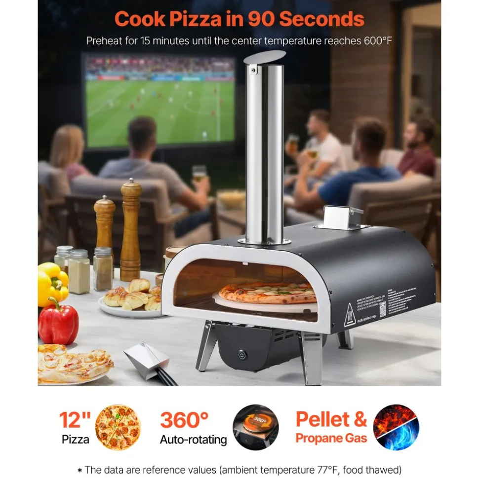 VEVOR Dual Fuel Pizza Oven Outdoor, 12 in Wood Fire & Propane Gas Pizza Oven, Pellet & Propane Pizza-Maker with Thermometer, Iron Spray Electric Rotation Pizza-Cook for Outside Camping & Backyard