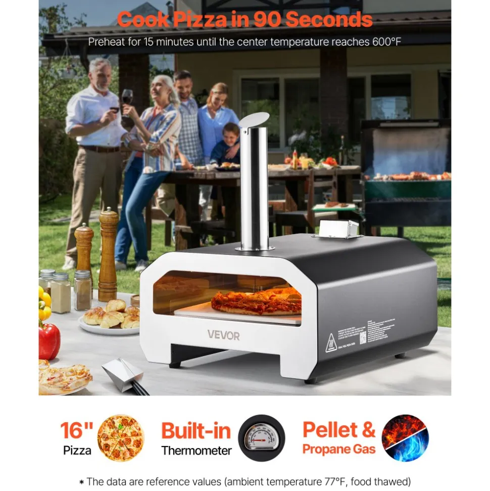VEVOR Dual Fuel Pizza Oven Outdoor, 16 in Wood Fire & Propane Gas Pizza Oven, Portable Pellet & Propane Pizza-Maker with Thermometer, Iron Spray Black Shell Pizza-Cook for Outside Camping & Backyard
