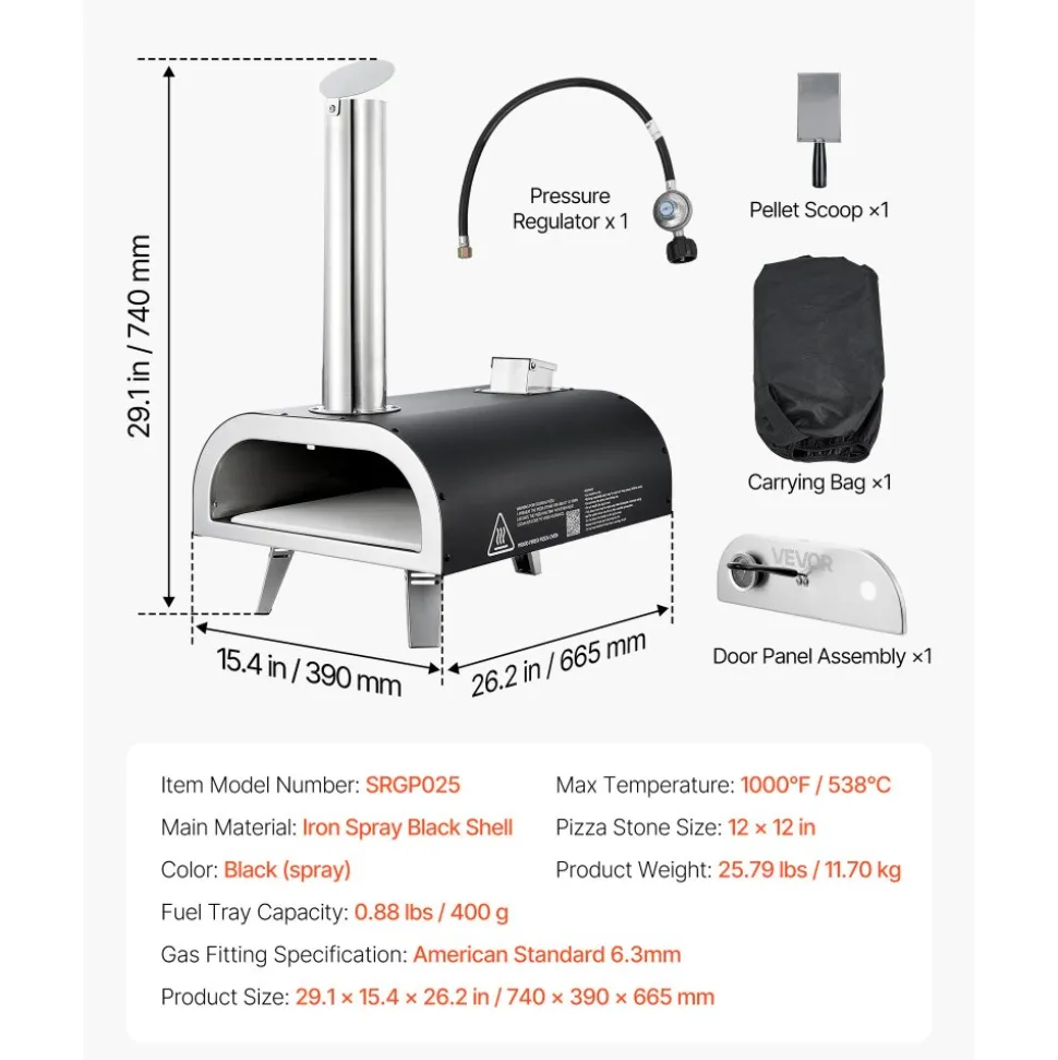VEVOR Dual Fuel Pizza Oven Outdoor, 12 in Wood Fire & Propane Gas Pizza Oven, Portable Pellet & Propane Pizza-Maker with Thermometer, Iron Spray Black Shell Pizza-Cook for Outside Camping & Backyard