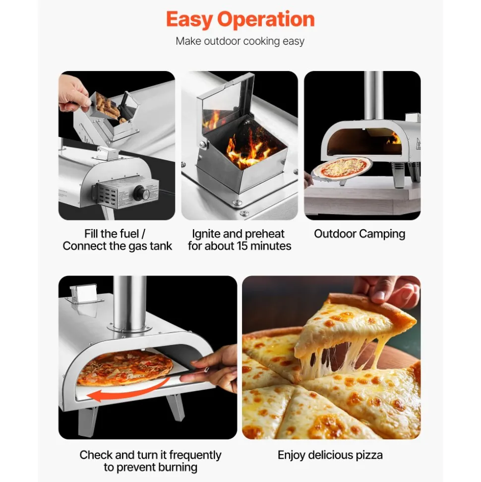 VEVOR Dual Fuel Pizza Oven Outdoor, 12 Inch Wood Fire & Propane Gas Pizza Oven, Pellet & Propane Pizza-Maker with Thermometer, Stainless Steel Pizza-Cook for Outside Camping & Backyard