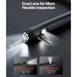 VEVOR Dual Lens Endoscope with Light, 5" HD IPS Screen Industrial Borescope Camera, 0.22-inch Slim Lens, 8X Zoom, IP67 Waterproof Inspection Snake Camera for Automotive, Plumbing (16.4FT Rigid Cable)