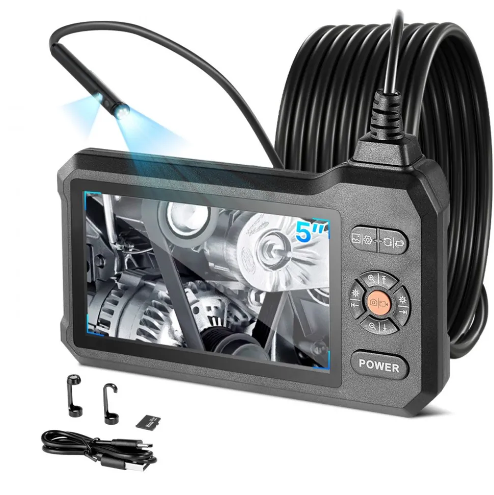 VEVOR Dual Lens Endoscope with Light, 5" HD IPS Screen Industrial Borescope Camera, 0.22-inch Slim Lens, 8X Zoom, IP67 Waterproof Inspection Snake Camera for Automotive, Plumbing (16.4FT Rigid Cable)