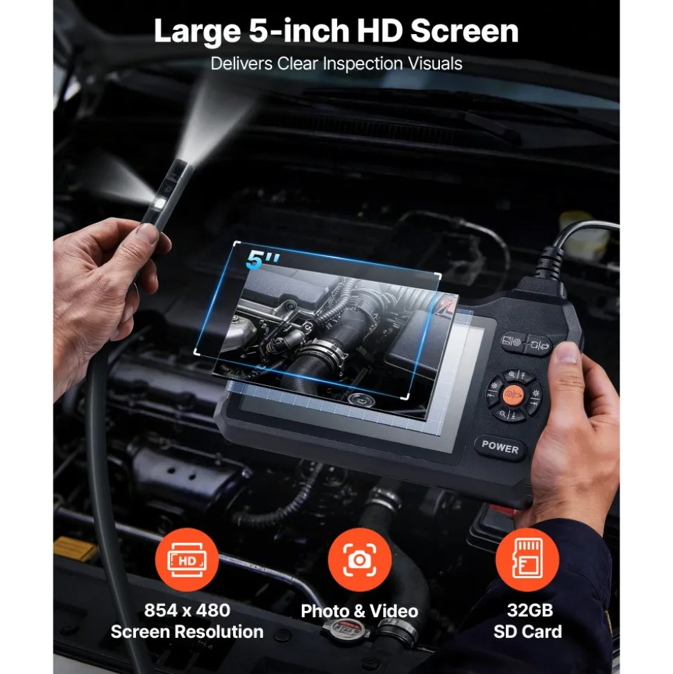 VEVOR Dual Lens Endoscope with Light, 5" HD IPS Screen Industrial Borescope Camera, 0.22-inch Slim Lens, 8X Zoom, IP67 Waterproof Inspection Snake Camera for Automotive, Plumbing (16.4FT Rigid Cable)