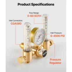 VEVOR Dual Output Argon Regulator, Argon Flow Meter Gas Regulator Gauge for TIG/MIG Welding - with 2PCS 6.6FT Rubber Hoses, 0-60 SCFH, 0-4500 PSI Inlet Pressure, CGA580 Inlet Connection